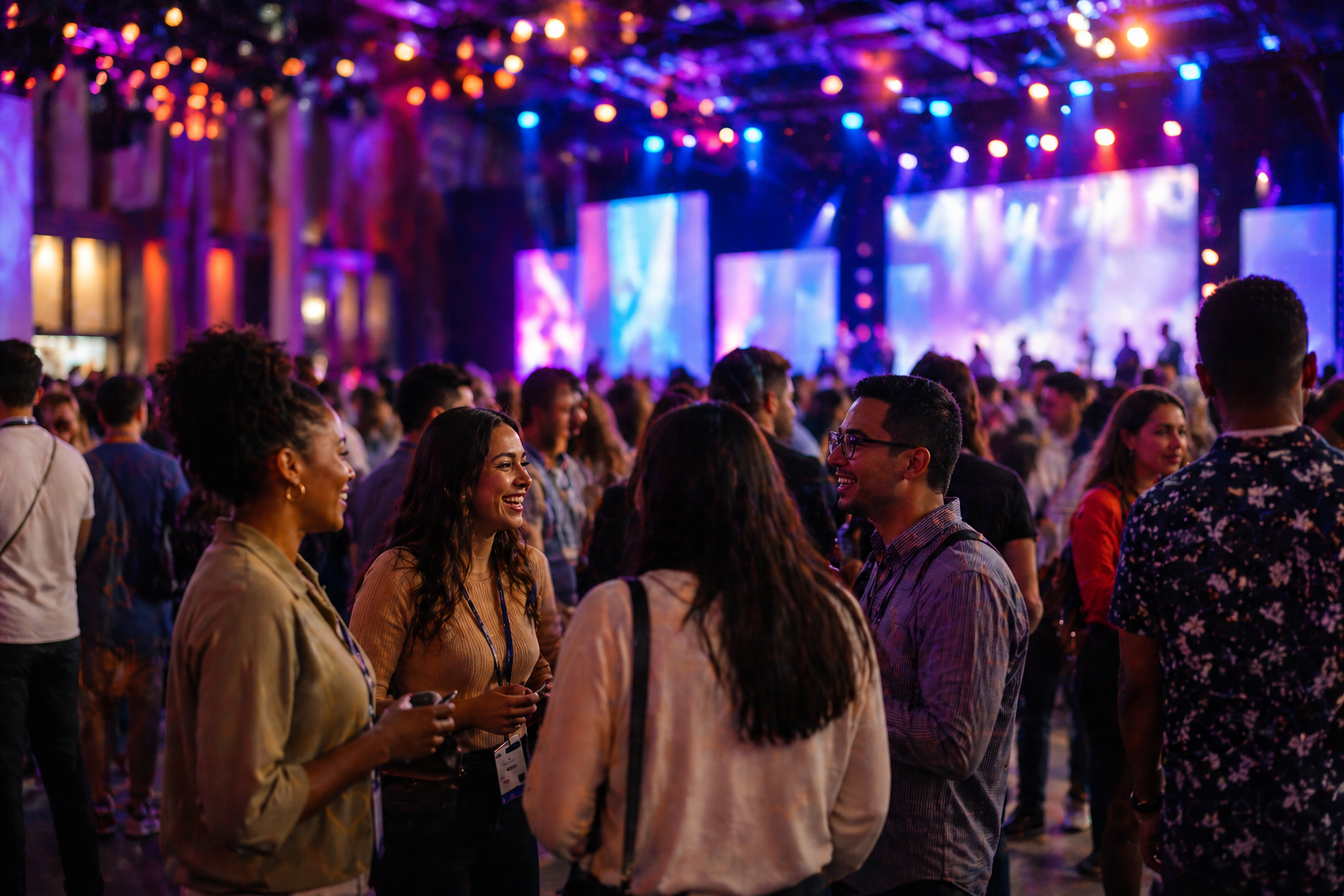#PraCegoVer: foto de um evento em ambiente interno, com iluminação colorida em tons de roxo, azul e laranja. Em primeiro plano, um grupo de pessoas com gêneros e tons de pele diversos conversa de forma descontraída, sorrindo e interagindo. Ao fundo, há um palco com telas iluminadas e uma multidão acompanhando o evento, criando uma atmosfera vibrante e dinâmica. (post sobre eventos de marca)